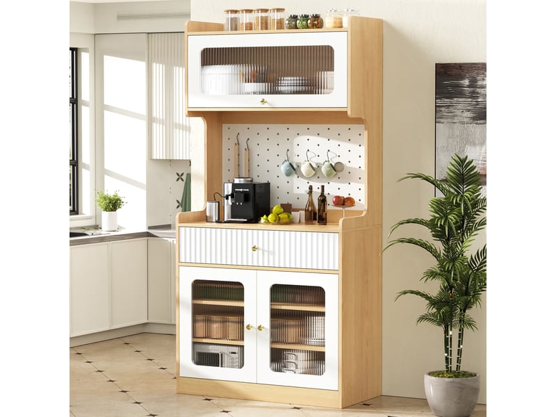  Meuble haut couleur naturelle avec led - verre cannelé, étagères réglables - salle à manger  - Conforama B