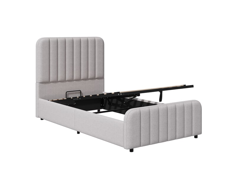  Lit coffre 90x200 cm, lit enfant, sommier à lattes, rangement hydraulique, tête de lit rembourrée, lin gris  - Conforama W