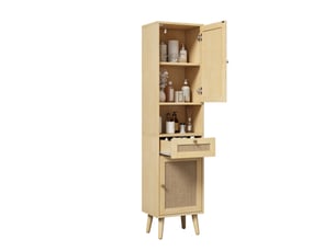 Meuble de salle de bain - 40x30x166cm - meuble haut en cannage rotin avec 2 portes réversibles, tiroir & niches - bois naturel