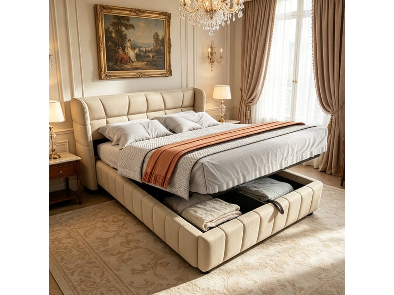  Lit coffre 140 × 200 cm en tissu effet lin beige, tête enveloppante IKSETERA TRADING LTD - Conforama B