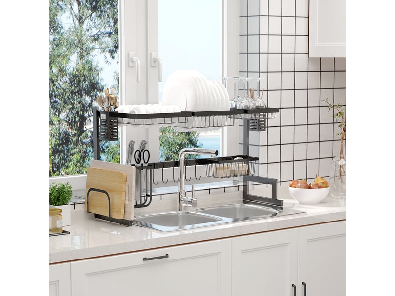  Égouttoir à vaisselle à 2 niveaux avec porte-couteaux et étagère pour planche à découper, 93 x 30 x 52,5 cm, acier noir  - Conforama D