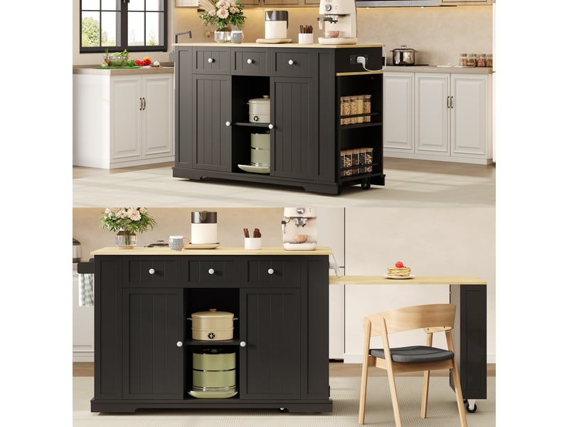 Îlot de cuisine mobile 138 à 213 x 55 x 93 cm avec table extensible, prises et rangements, noir et naturel - Conforama D
