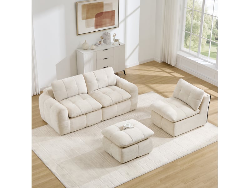 Canapé d'angle modulaire 3 places sans cadre avec ottomane et assise ergonomique, mousse 32d, en chenille beige - Conforama B