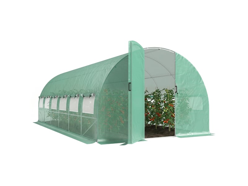  Serre tunnel de 6 x 3 x 2 m avec porte à charnières, 12 fenêtres grillagées et structure en acier galvanisé vert  - Conforama A