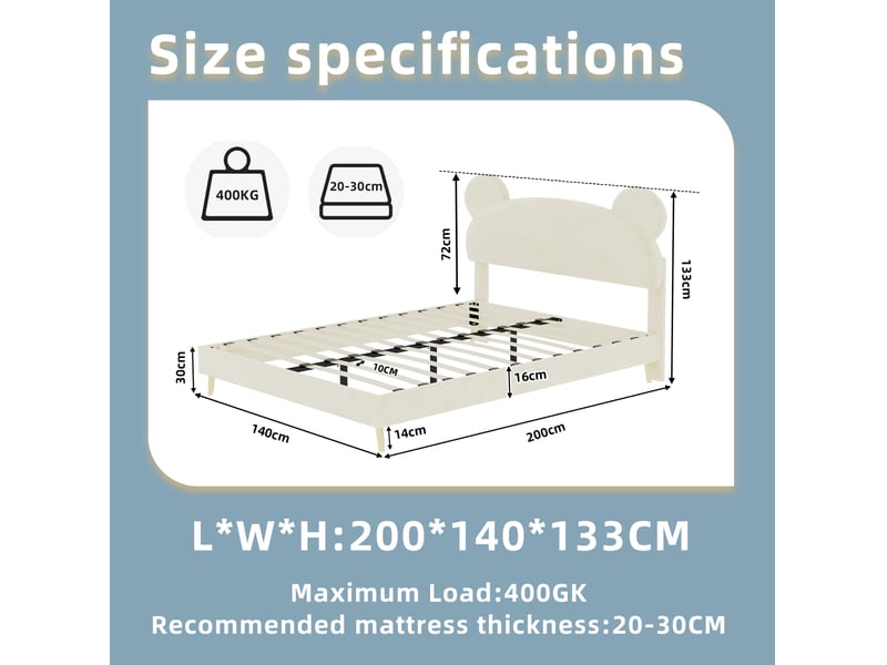  Lit enfant 140x200 cm avec matelas à ressorts ensachés 23 cm, tête de lit oreilles d’ours, tissu et métal beige  - Conforama C