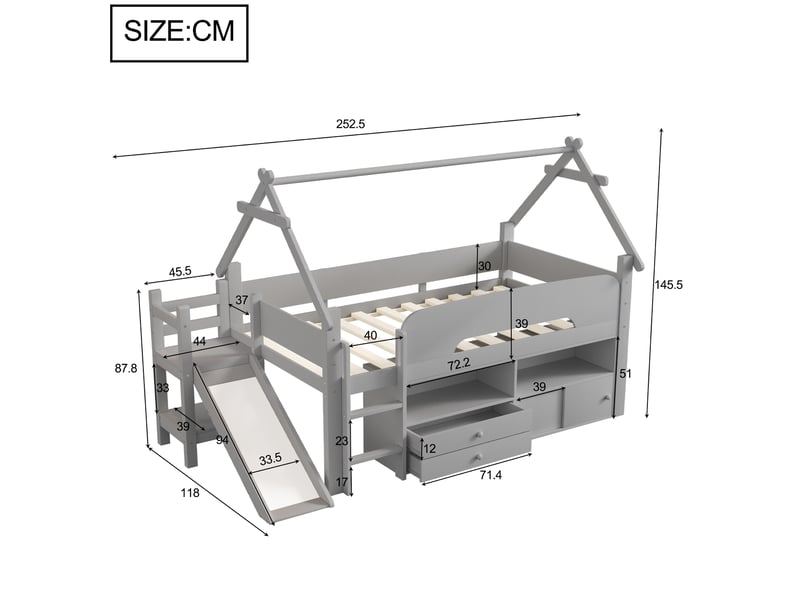  Elvmi lit mezzanine enfant 90x200 cm gris avec toit, toboggan intégré, garde-corps de sécurité, rangements sous le cadre, étagères ouvertes, tiroirs et armoires coulissantes, structure en bois massif et mdf, sommier à lattes, mo…  - Conforama C