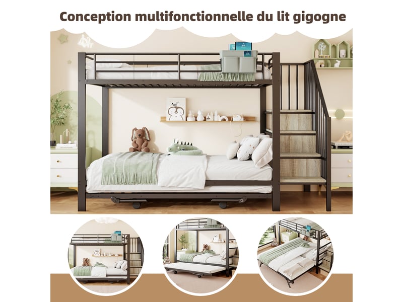  Lit superposé 90x200 + 180x200 cm avec lit gigogne, lit enfant avec espace de rangement, lit 2 personnes en noir, structure en fer  - Conforama D