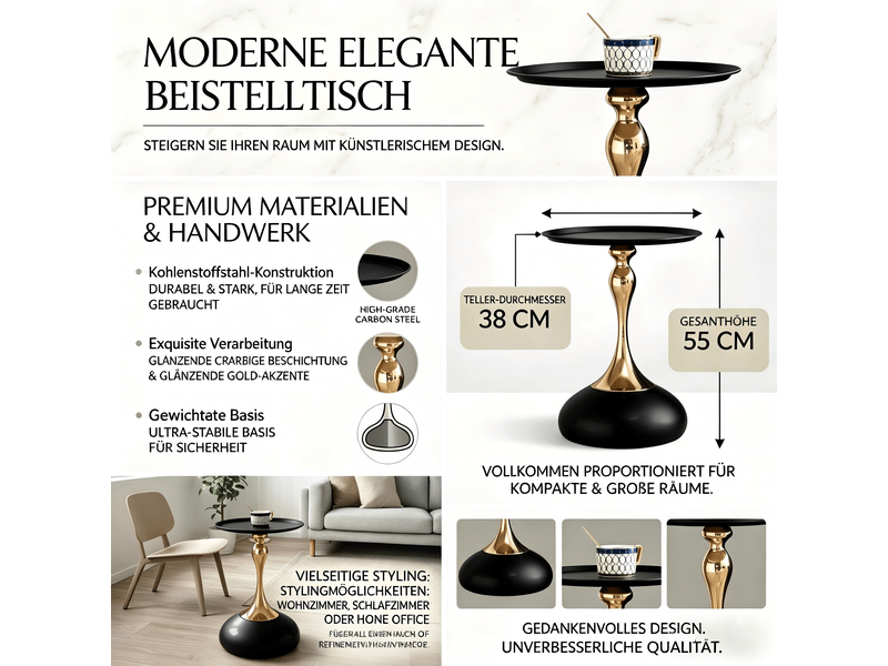  Table d'appoint ronde étroite pour petit espace et table de chevet - lpospi - plateau métal, acier carbone - noir et or  - Conforama E