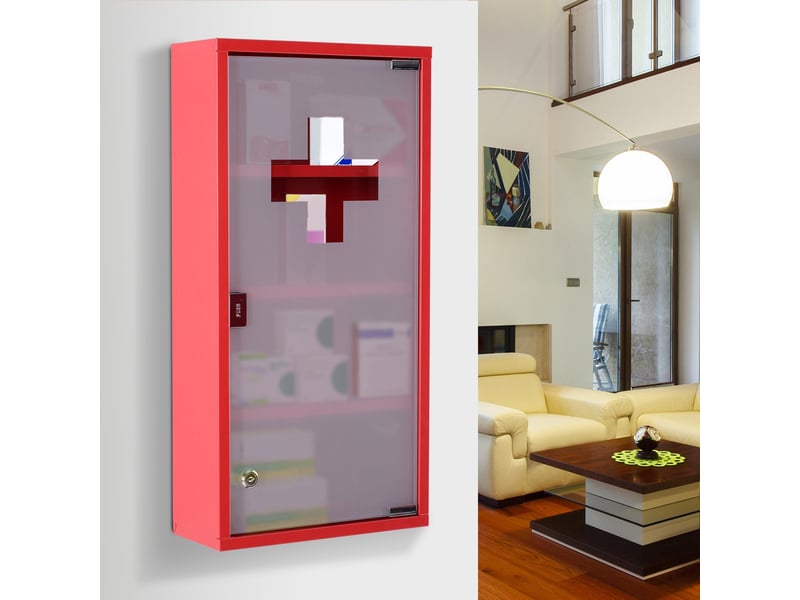  Armoire à pharmacie verrouillable à 4 compartiments, porte vitrée, acier, 60 x 30 x 12 cm, rouge  - Conforama D