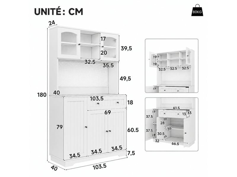  Meuble de cuisine muvano, buffet de cuisine blanc avec vitrine et tiroir, 103,5 × 40 × 180 cm  - Conforama W