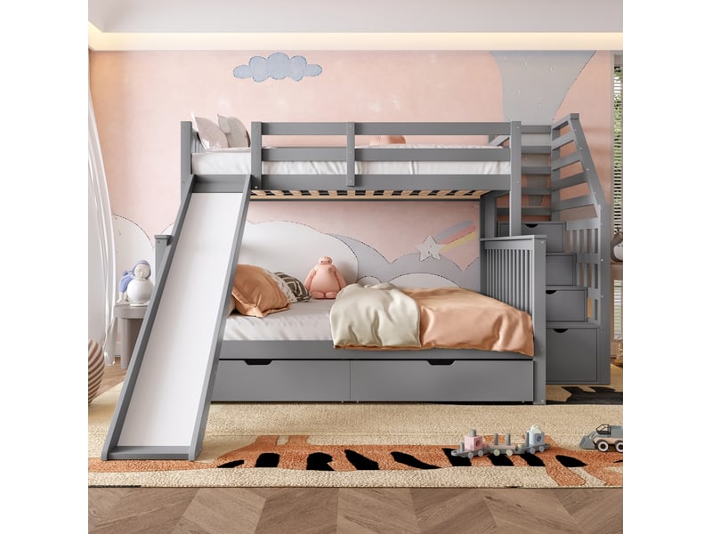  Lit superposé enfant 90x200 et 140x200 cm avec toboggan et tiroirs gris  - Conforama D