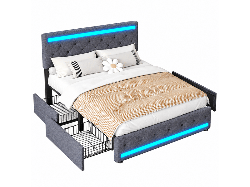  Lit double 140x190 avec led et tiroir, lit capitonnée avec 4 tiroirs cadre de lit avec rangement et tête de lit rembourrée lit 2 personnes avec usb pour adultes et adolescents tissu en lin, sans matelas  - Conforama A