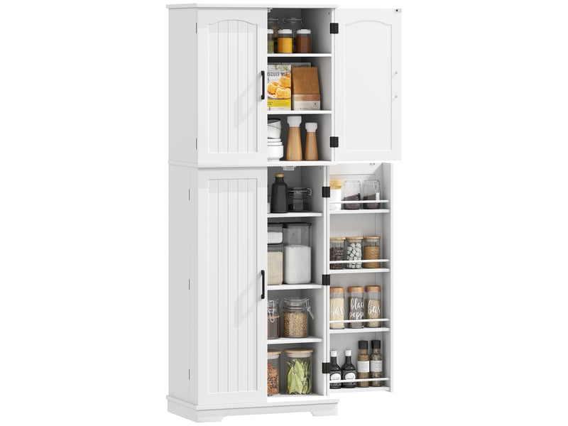  Buffet haut cuisine, armoire de cuisine, 4 portes, 10 niches, 8 porte-épices et étagères réglables, 60x35x162cm, blanc  - Conforama B