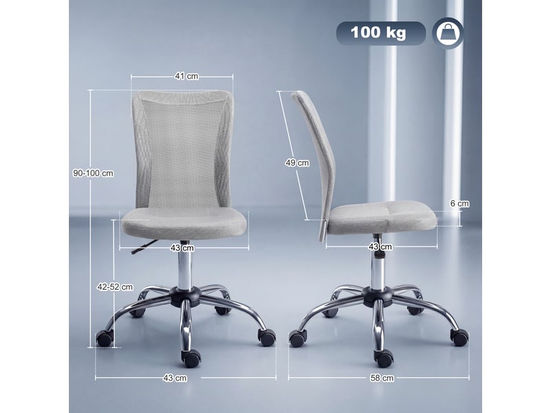  Chaise de bureau ergonomique sans accoudoirs en tissu mesh, hauteur réglable et 5 roulettes, grise  - Conforama E