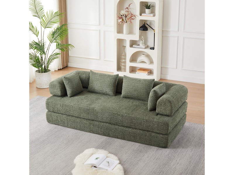  Canapé convertible modulable 2 places 4-en-1 200 x 95 x 68 cm, dossier réglable, sans montage, 4 coussins, tissu chenille vert  - Conforama B