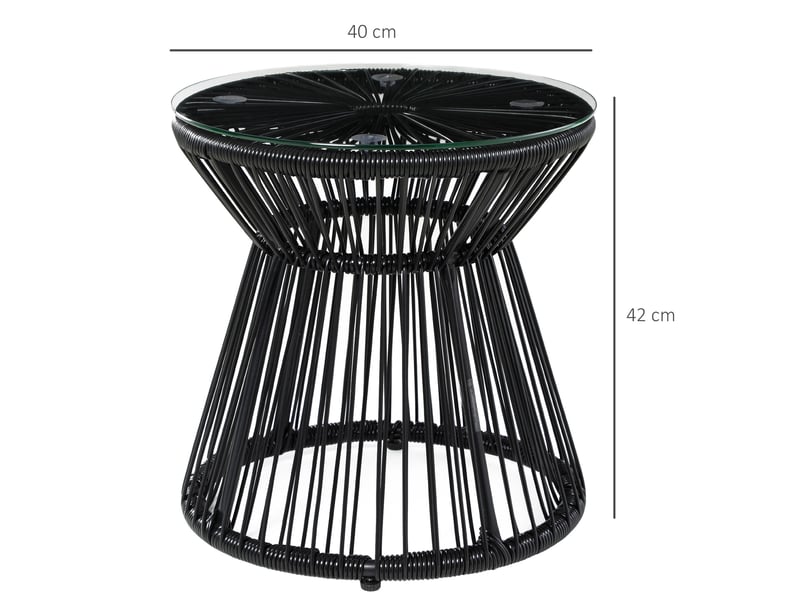  Table de jardin bistrot ronde avec plateau en verre trempé, métal et rotin pe noir, pour jardin et balcon, 40 × 40 × 42 cm  - Conforama E