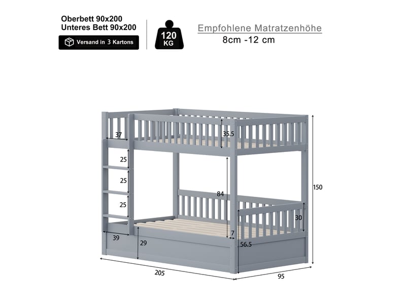  Lit superposé enfant 90 x 200 cm avec rangement hydraulique, gris et blanc  - Conforama C