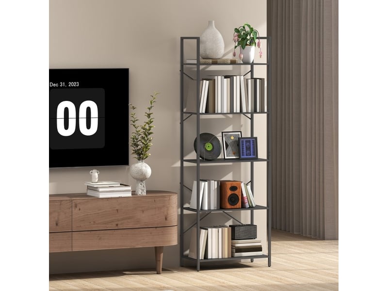 Bibliothèque à 5 niveaux avec étagères ouvertes, cadre x, style industriel pour salon, noir, 60 × 30 × 170,5 cm - Conforama B