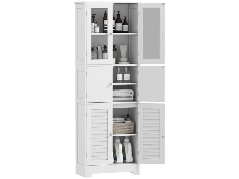  Meuble de salle de bains à trois compartiments avec portes vitrées à enroulement, 60 x 30 x 170,5 cm, blanc  - Conforama A