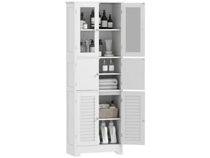 Meuble de salle de bains à trois compartiments avec portes vitrées à enroulement, 60 x 30 x 170,5 cm, blanc