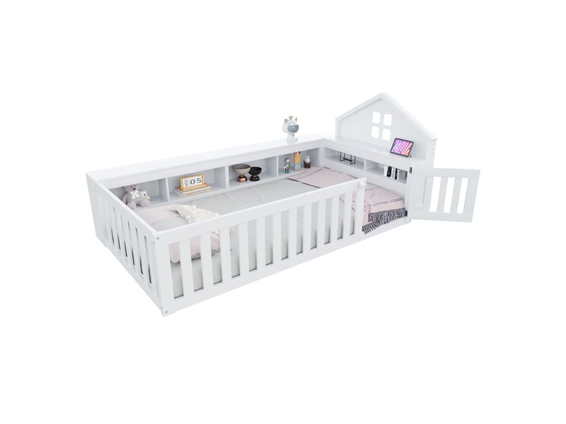  Lit enfant 90x200 cm avec sommier à lattes, lit simple en bois massif avec fenêtre, lit 1 personne, blanc  - Conforama B