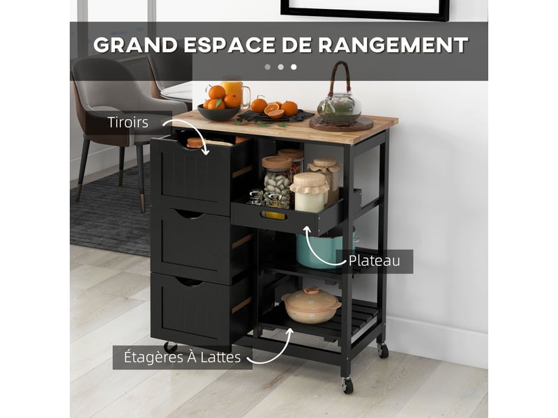  Desserte de cuisine à roulettes 3 tiroirs plateau amovible noir 67 x 37 x 85,5 cm  - Conforama D