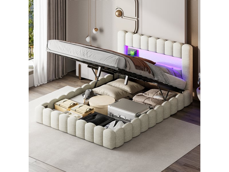 Lit double coffre - 140 x 200 cm-beige - en lin, avec tête de lit capitonnée , éclairage led, ports usb et vérins hydrauliques  - Conforama C