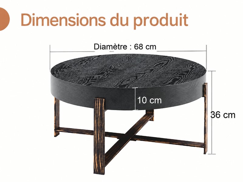  Table basse ronde noire diamètre 68 cm, effet bois vieilli et piètement métal bronze antique  - Conforama C