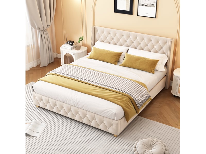  Lit rembourré tcqpz 160 x 200 cm avec sommier à lattes, tête de lit, velours beige clair  - Conforama E