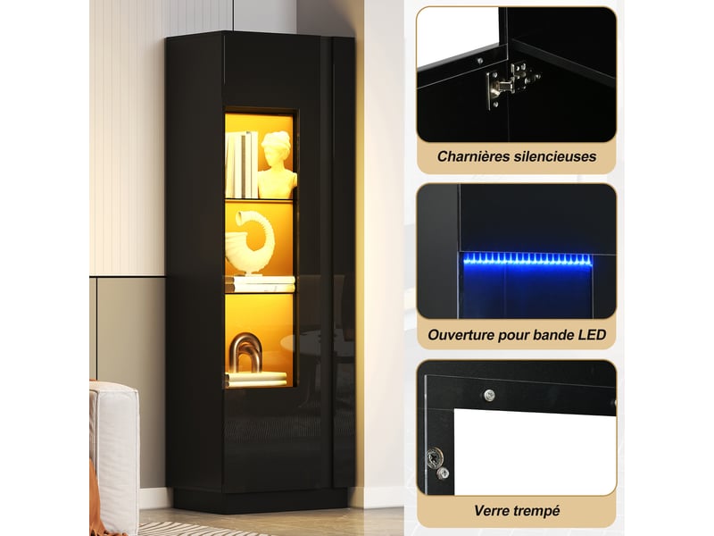  Vitrine haute 60x40x180 cm avec porte en acrylique, led bluetooth, 5 espaces de rangement et étagères en verre - noir  - Conforama E