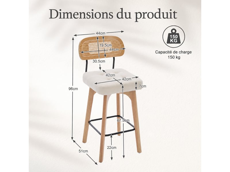  Lot de 2 tabourets de bar pivotants 360° avec dossier en rotin et assise en chenille, beige, 44 x 51 x 96 cm Fay Lum - Conforama C