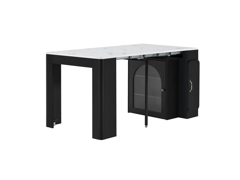  Îlot de cuisine, desserte extensible avec plateau amovible, led, prise et rangement, effet marbre, mdf et verre, noir et blanc  - Conforama A