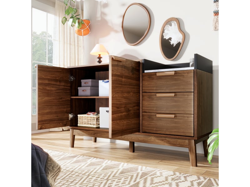  Commode 120x40x77 cm effet chêne foncé, 3 tiroirs et placard 2 portes  - Conforama D