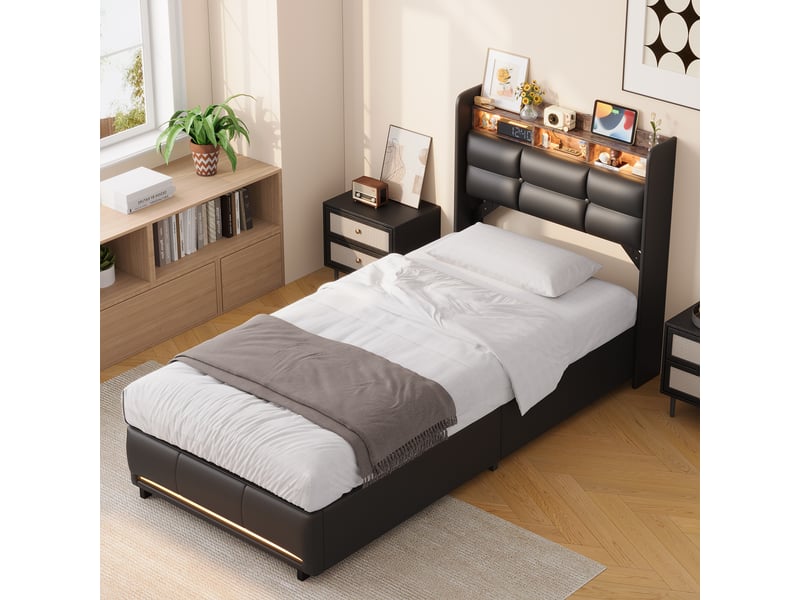  Lit coffre hydraulique 90x200 cm avec tête de lit en pu noir,led,usb,prises eu intégrées,lit simple,lit adolescent moderne  - Conforama D