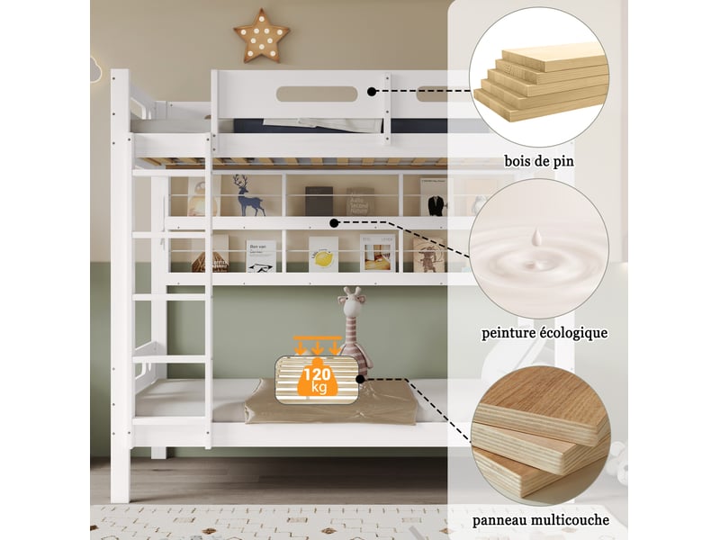  Lit superposé enfant 90x200 cm – blanc et naturel – échelle 5 marches, rangements ouverts, sans matelas  - Conforama E