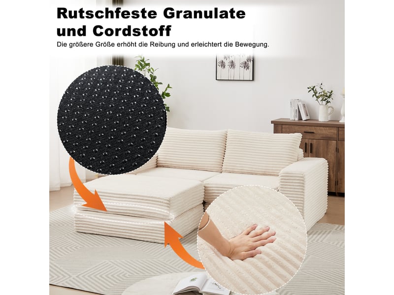  Canapé convertible modulable 2 en 1 en velours côtelé, pouf amovible et utilisable séparément, accoudoirs carrés classiques, 2 coussins inclus beige  - Conforama E