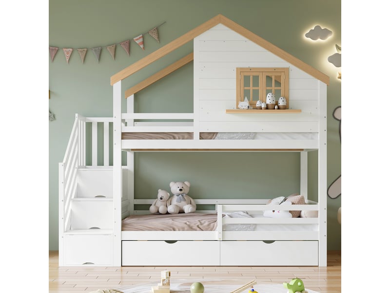  Lit superposé enfant en bois avec escalier de rangement, fenêtre, rangement sous lit, 90x200cm, blanc et naturel  - Conforama E