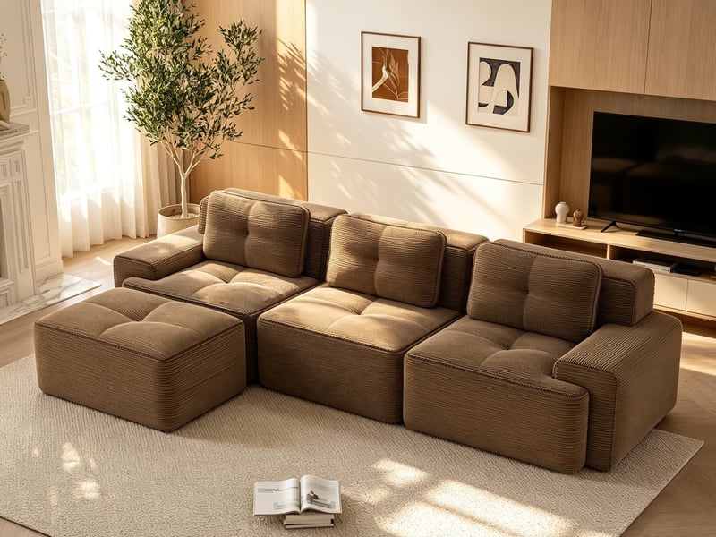  Canapé modulable en l 3 places avec pouf, modèle souple sans structure rigide, prêt à l’emploi, 69 × 293 × 177 cm, marron  - Conforama B
