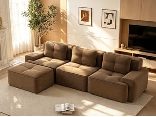 Canapé modulable en l 3 places avec pouf, modèle souple sans structure rigide, prêt à l’emploi, 69 × 293 × 177 cm, marron