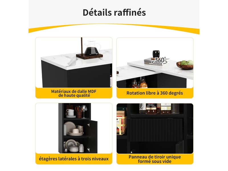 Ilot cuisine, buffet de cuisine avec rangements intégrés, pivotant à 360°, organisation fonctionnelle, dimensions 210 x 30 x 100,9 cm, mdf, noir - Conforama E