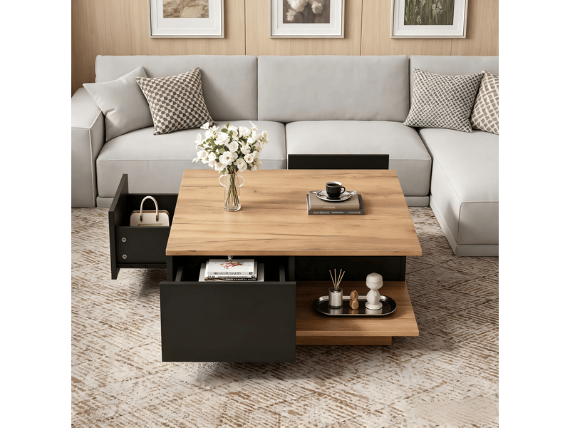  Table basse carrée 70x70 noir et bois, table de salon avec 3 tiroirs et rangement semi-ouvert, finition brillante  - Conforama D