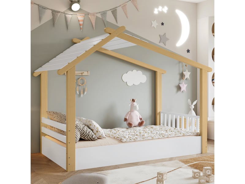 Lit enfant en bois et mdf blanc et naturel 90x190 cm  - Conforama D