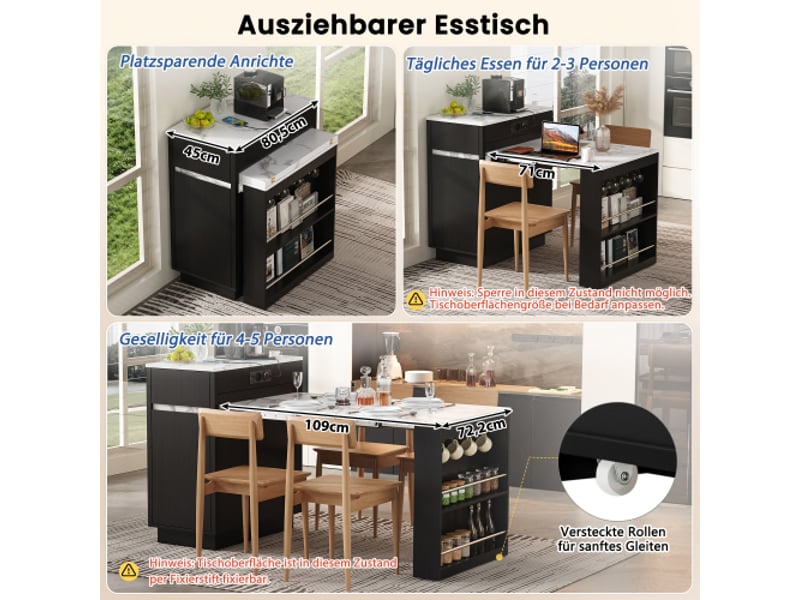 Îlot cuisine noir sur roulettes, table extensible avec led, multiprises, crochets, buffetbar, pour cuisine et salle à manger - Conforama C