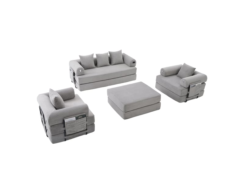  Canapé modulable 4 places en velours côtelé gris clair avec pouf, poche latérale et cadre métal  - Conforama A