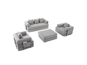 Canapé modulable 4 places en velours côtelé gris clair avec pouf, poche latérale et cadre métal
