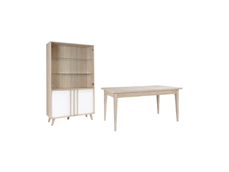  Salle à manger complète malmo avec table extensible et vitrine led – chêne clair et blanc  - Conforama A