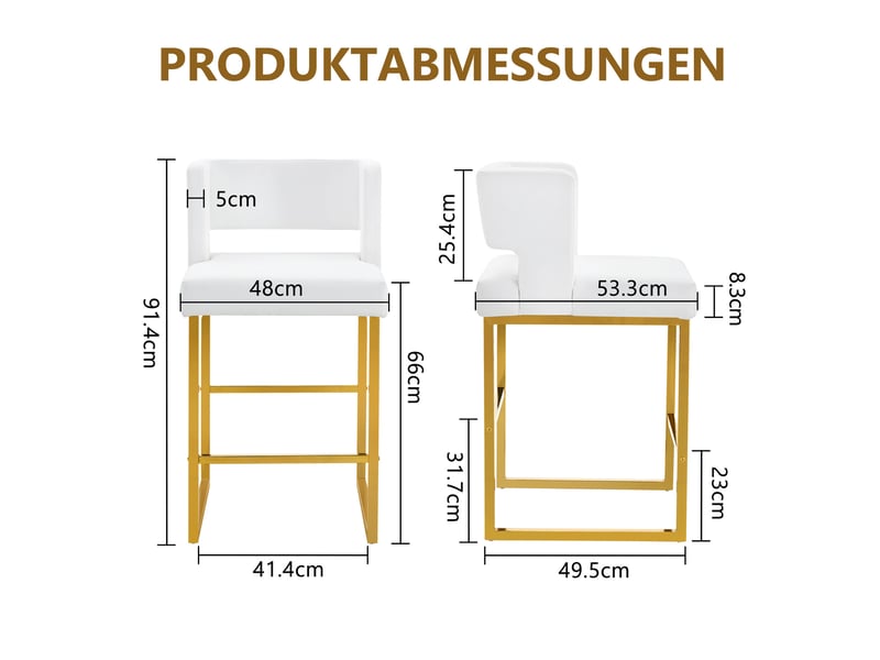  Lot de 2 tabourets de bar 53x48x91 cm, chaises hautes avec assise carrée, pieds métal doré, meuble cuisine, blanc pu  - Conforama C