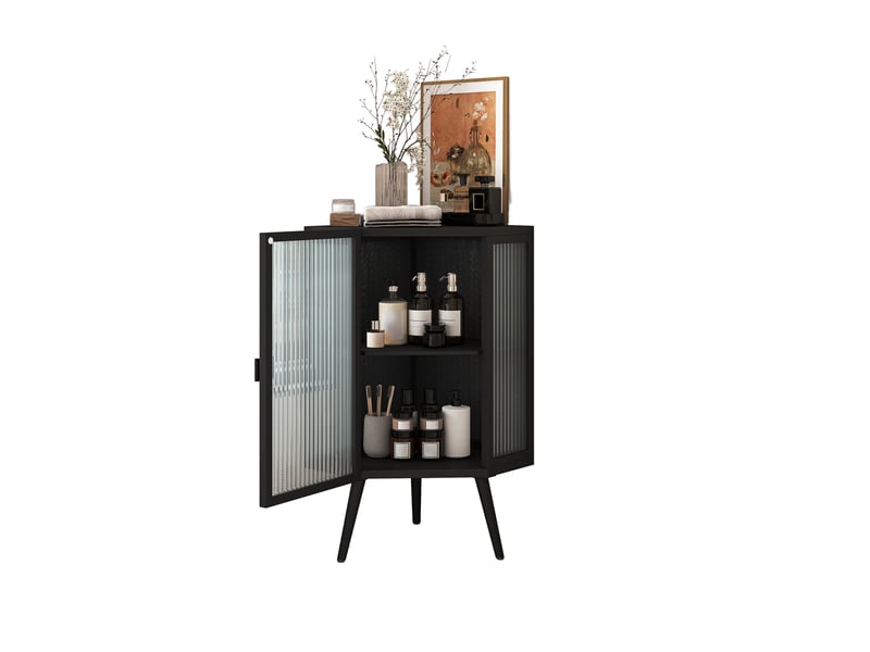  Meuble bas d'angle 56 x 42,5 x 80 cm – noir – 2 portes en verre trempé et rangement à 2 niveaux  - Conforama A
