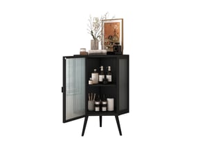 Meuble bas d'angle 56 x 42,5 x 80 cm – noir – 2 portes en verre trempé et rangement à 2 niveaux