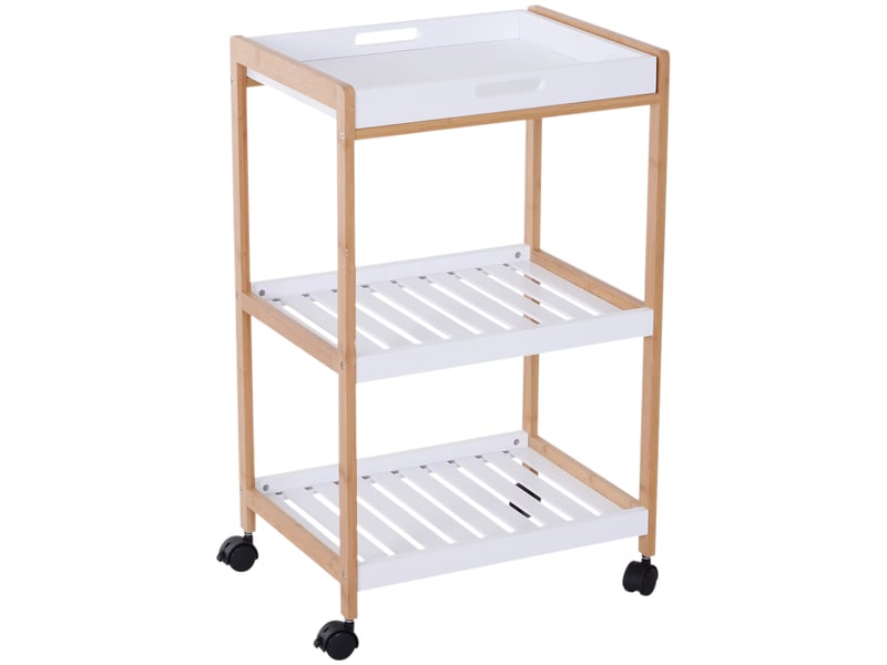  Desserte de cuisine à roulettes 2 étagères et plateau amovible pin et mdf blanc  - Conforama B